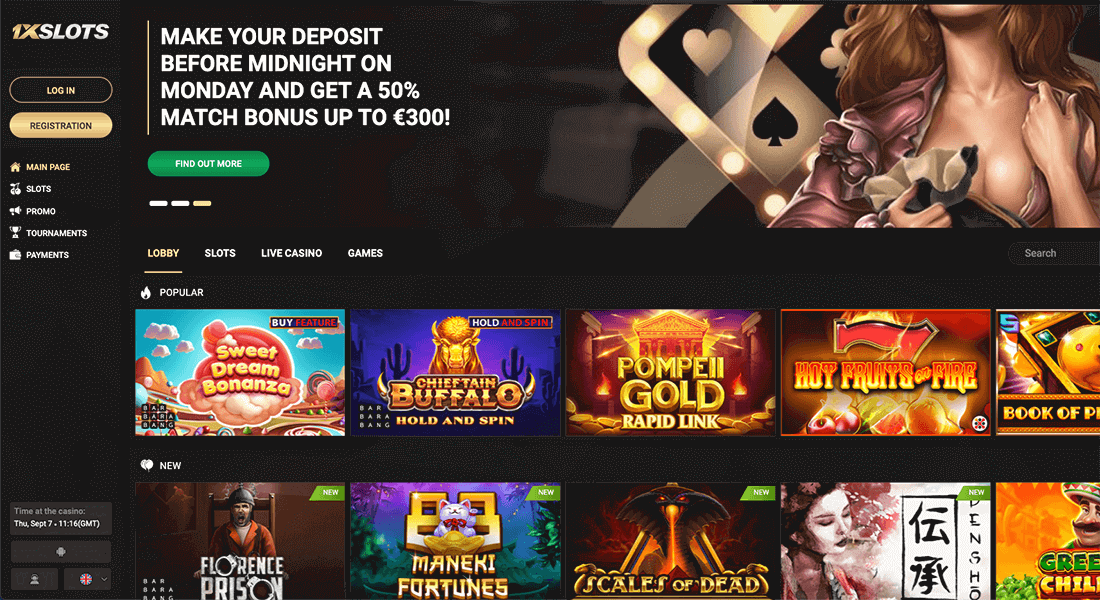 Appearance of the official website of 1xSlots Casino