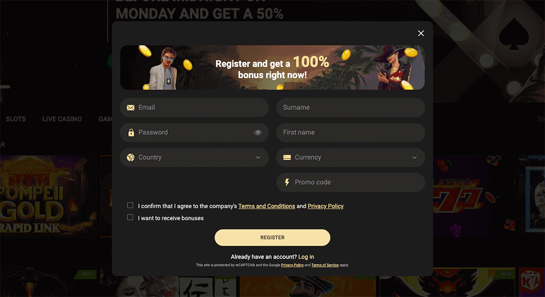 Registration on the official website of 1xSlots Casino