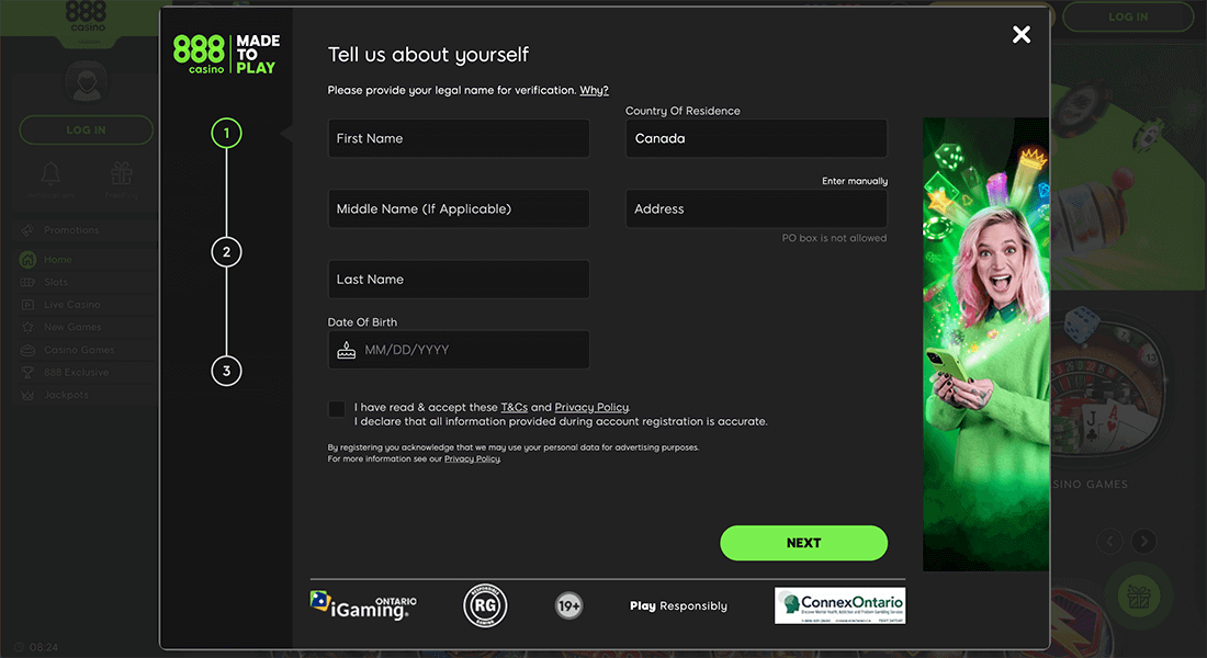 888 Casino registration form