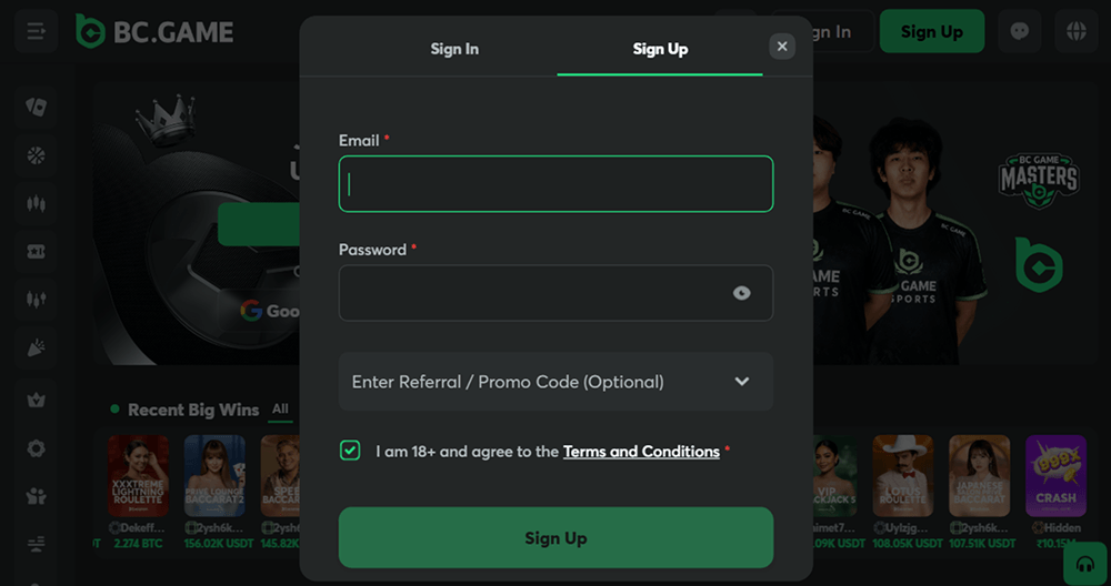 Registration on the official website of BC.Game Casino
