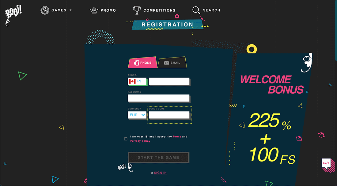 Quick registration page on the official website of Booi Casino