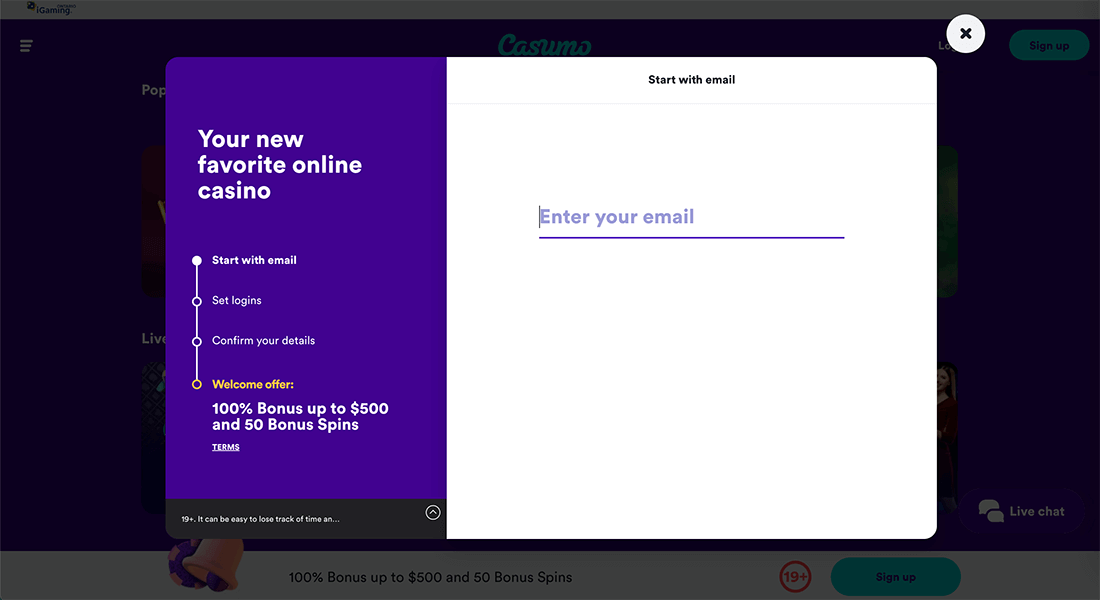 Registration form at Casumo Casino