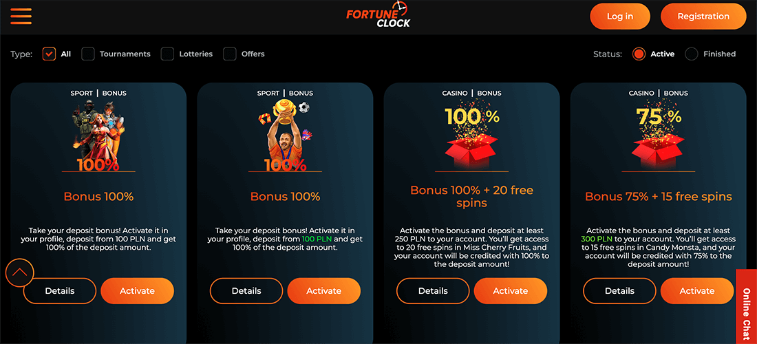 Variety of promotions and bonuses at Fortune Clock Casino