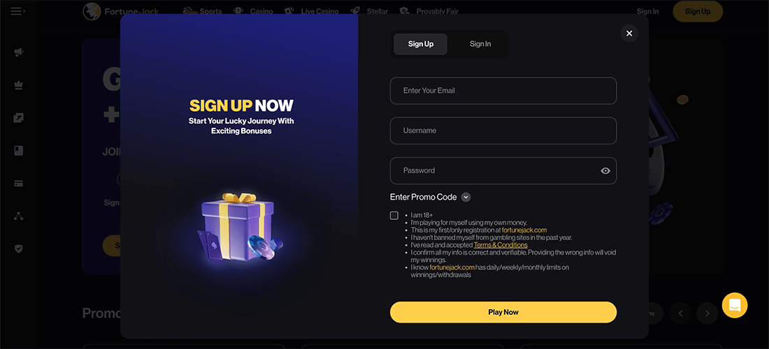 Quick registration window on the official website of Fortune Jack Casino
