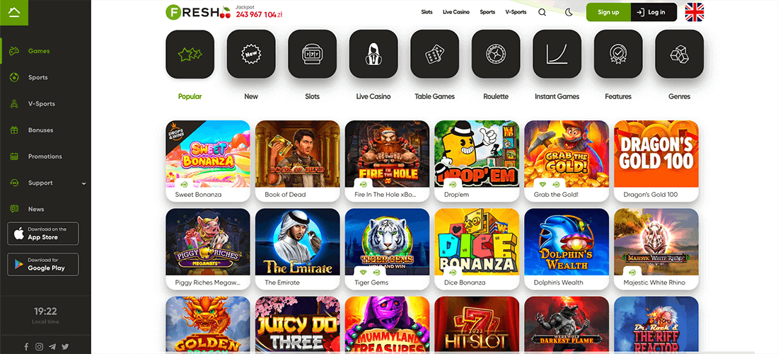 What games are available on the official website of Fresh Casino