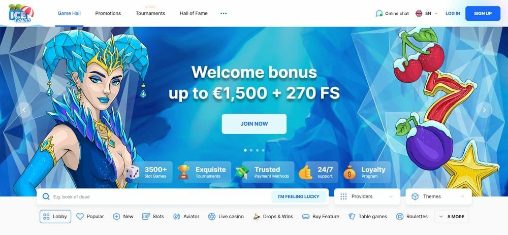 Home page of the official Ice Casino website