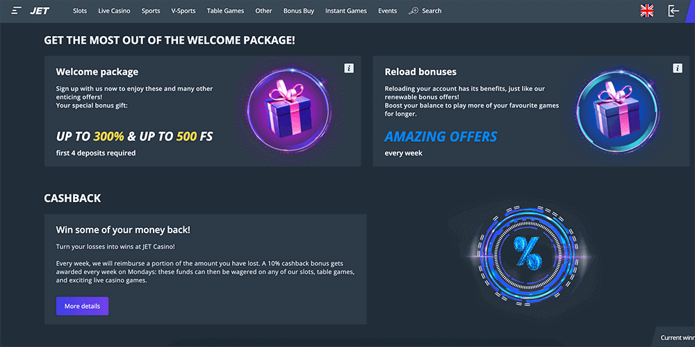 Sections with bonuses and promotions at Jet Casino