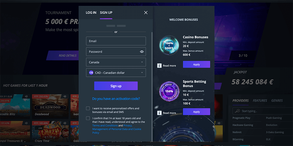 Jet Casino registration page