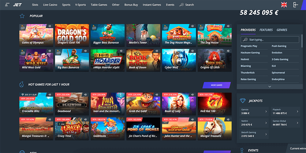 Slots section at Jet Casino