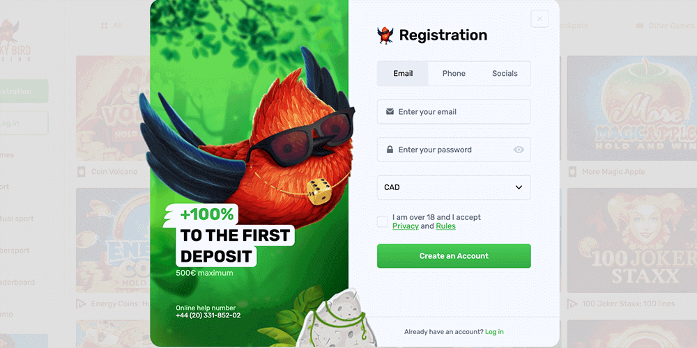 Registration form at Lucky Bird Casino official website
