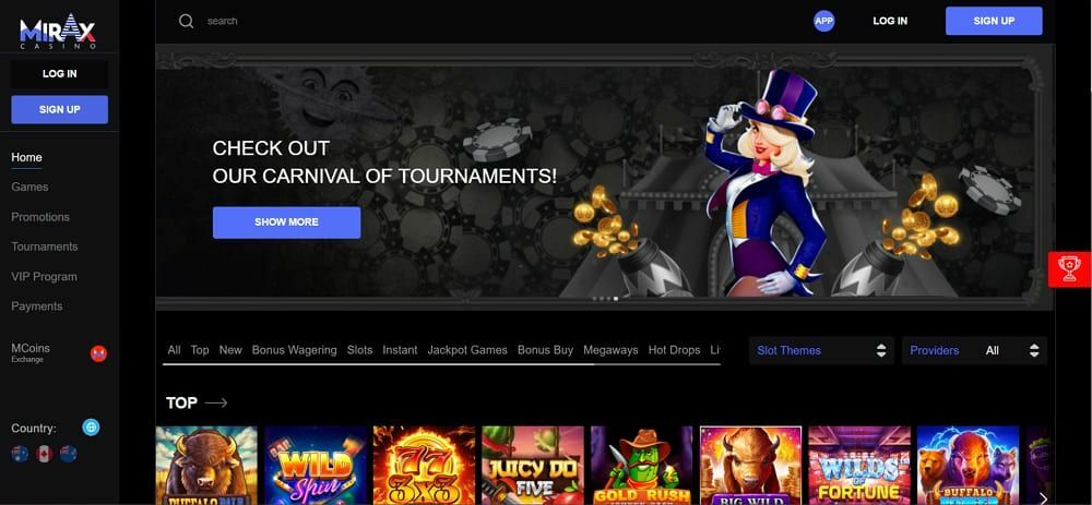 Home page of the official website of the Mirax Casino