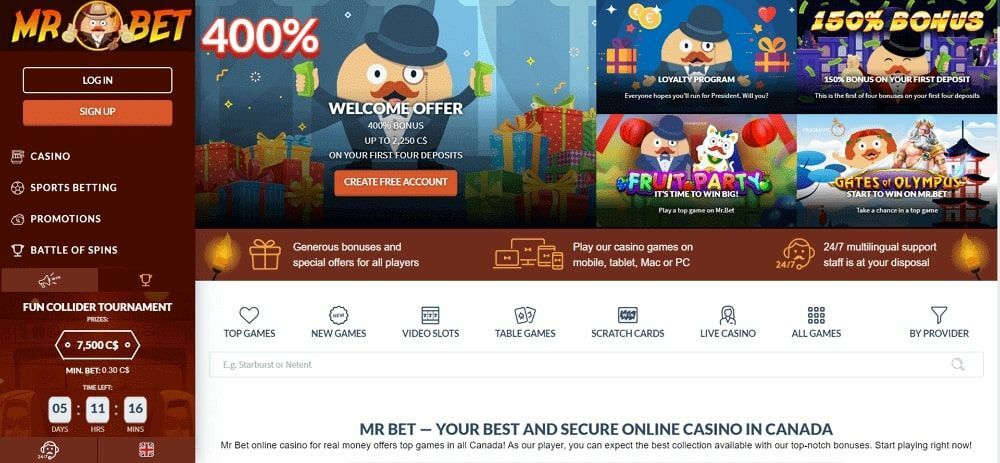 The homepage of the licensed online casino Mr. Bet