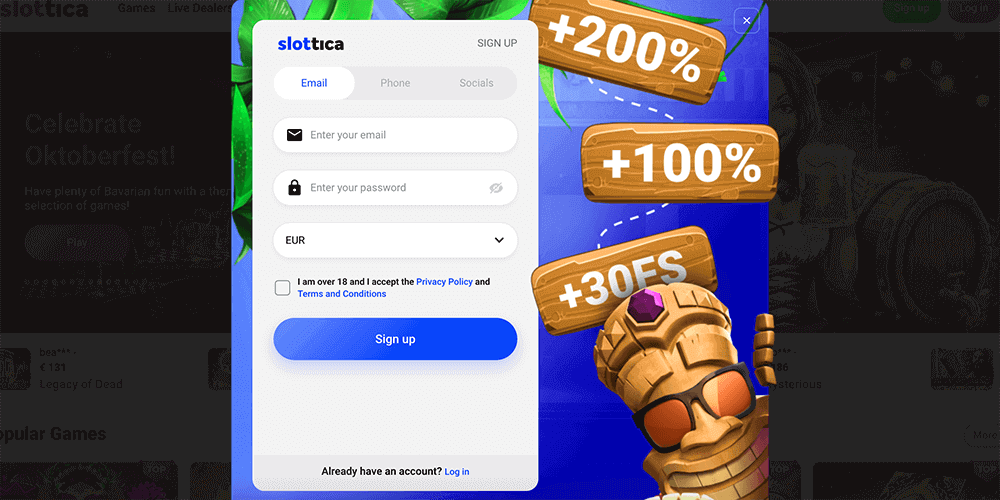 Slottica Casino quick registration form