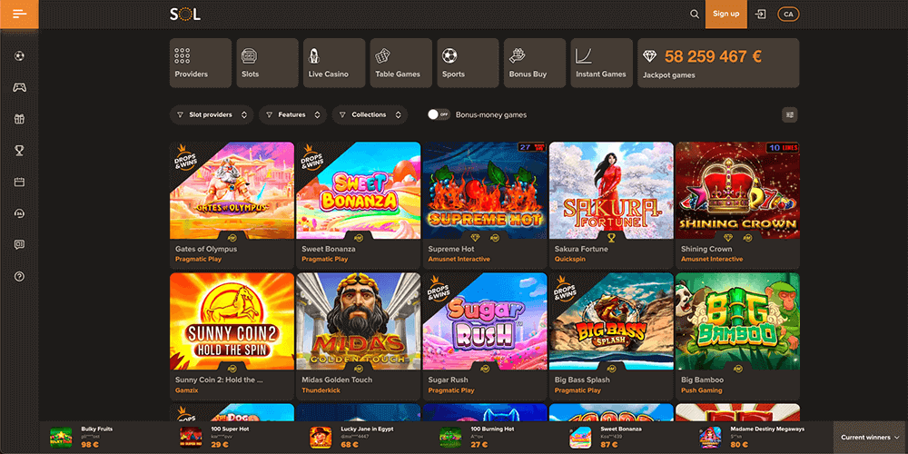 Games on the official website of Sol Casino