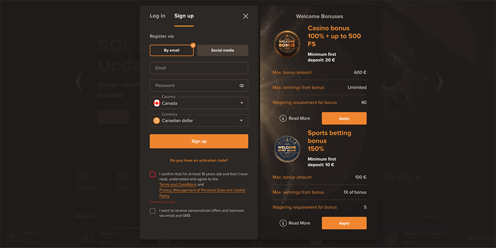 Registration window on the official website of Sol Casino
