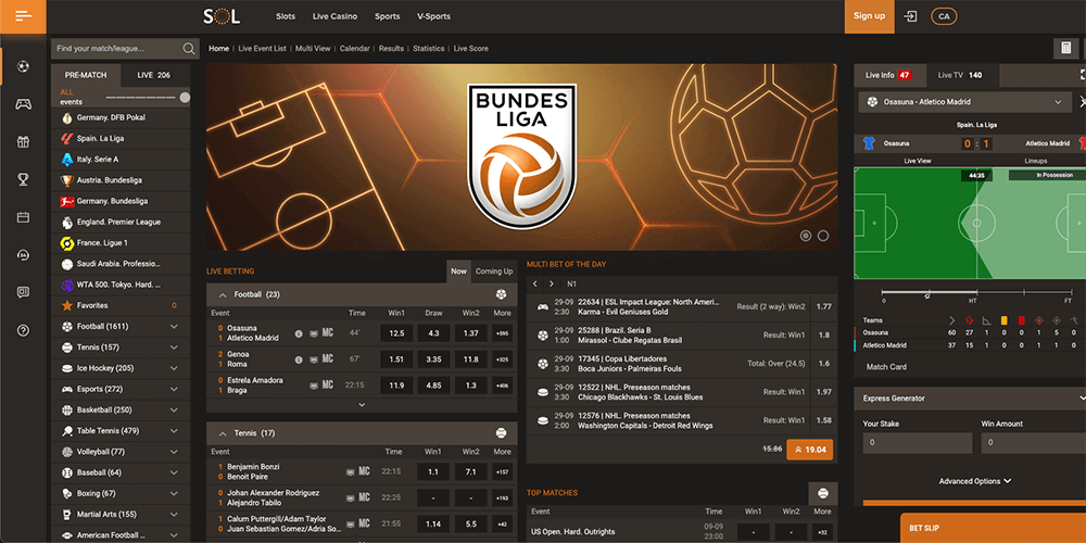 Sports betting section at Sol Casino