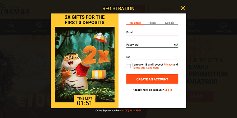 Spinamba Casino registration page