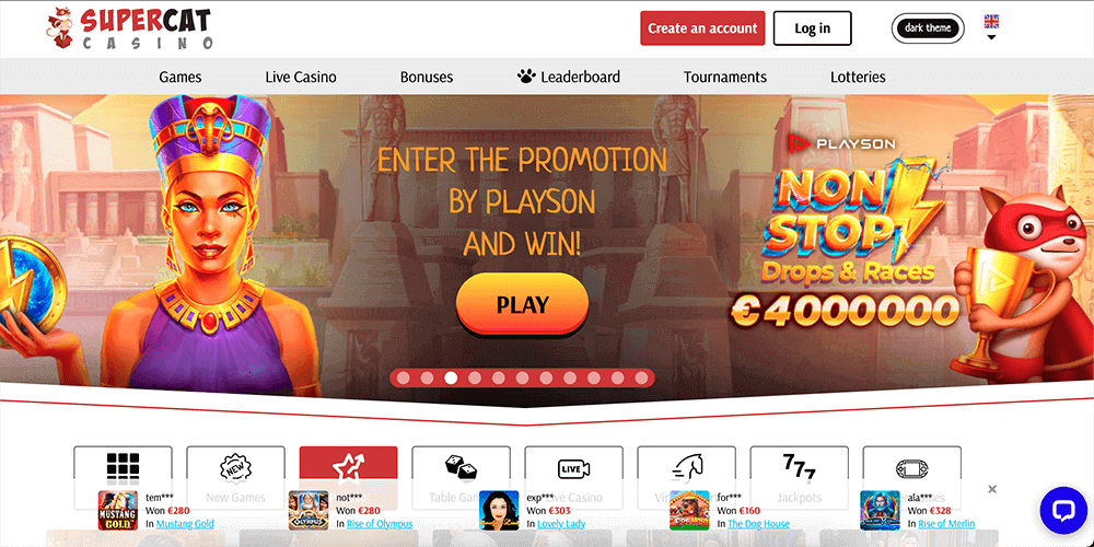 Appearance of the official website of Supercat Casino