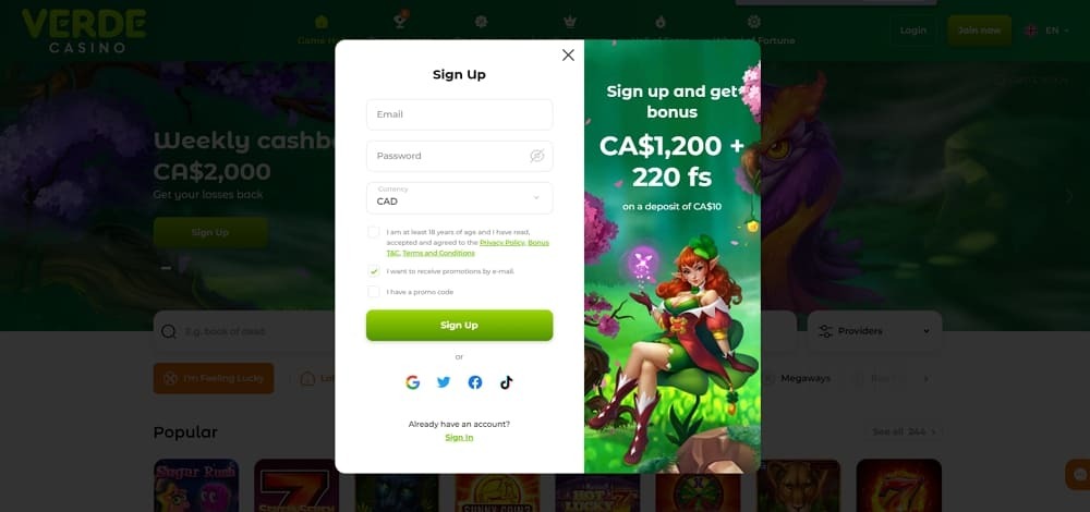 Registration of a new player at online casino Verde