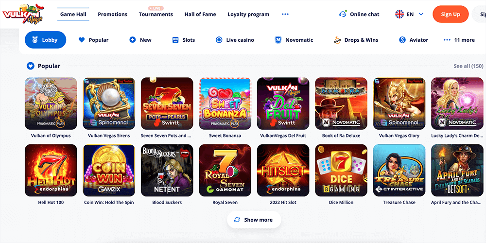 Play slot machines on the site of Vulkan Vegas Casino